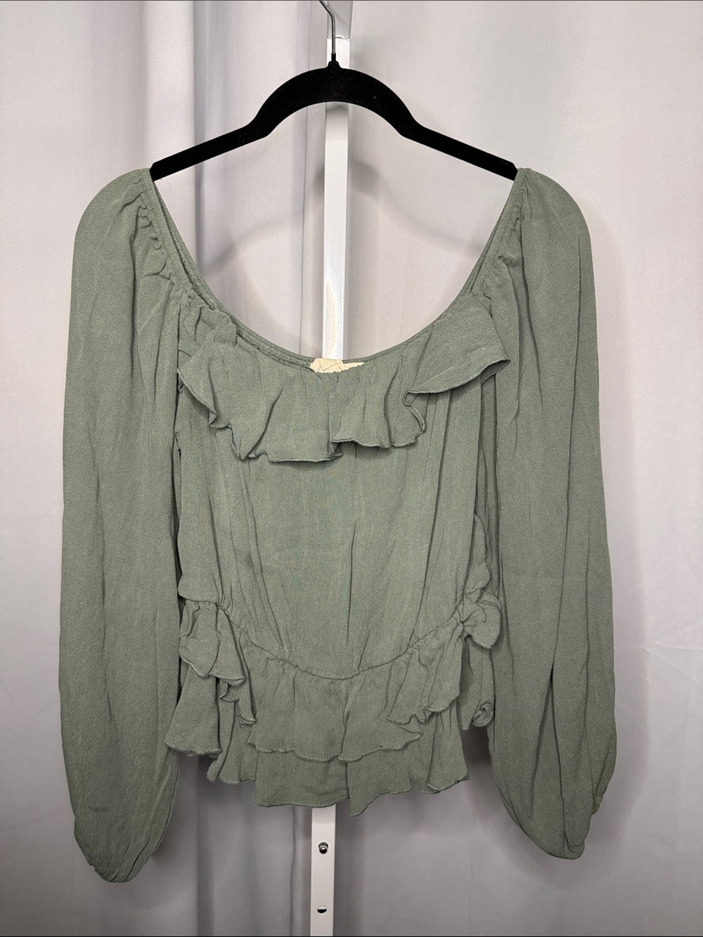 Sage Ruffle Peasant Blouse with Puff Sleeves